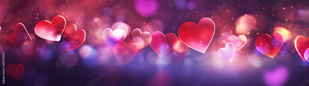 A vibrant group of hearts bask in the glowing hues of magenta, pink, violet, and red, creating a mesmerizing display of light and colorfulness, evoking feelings of love and passion through the rich t