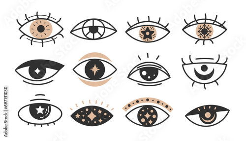 Mystical eye vector set. Esoteric symbols and sign collection with black and gold colors in doodle style. Vision, sight view, prediction, talisman vector illustration