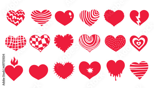 Red doodle heart shapes vector set. Collection of various hand drawn love symbols and signs for wedding and Valentines day design, greeting card, print, stickers.