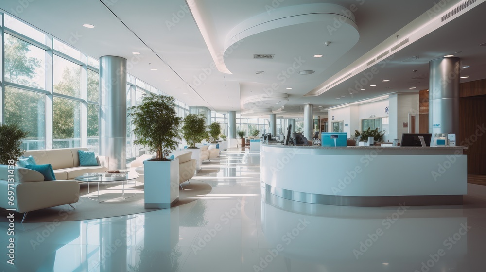 Modern corporate office reception lobby without people bright environment. Generative AI.