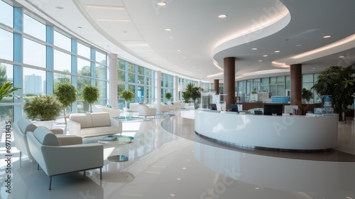Modern corporate office reception lobby without people bright environment. Generative AI. photo