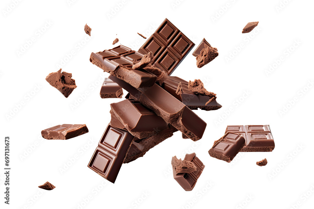 Various types of chocolate falling with choc flake in the air isolated on transparent background, dessert sweet concept, piece of dark chocolate. - obrazy, fototapety, plakaty 