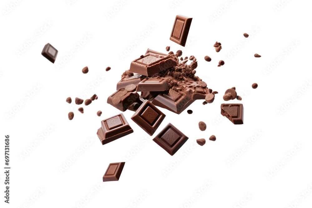 Various types of chocolate falling with choc flake in the air isolated on transparent background, dessert sweet concept, piece of dark chocolate. - obrazy, fototapety, plakaty 