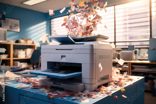 The printer throws away paper in a bright office. Generative AI. photo