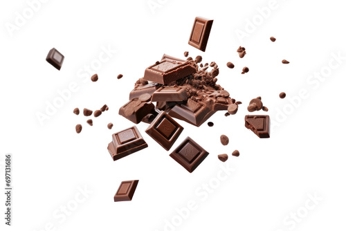 Various types of chocolate falling with choc flake in the air isolated on transparent background, dessert sweet concept, piece of dark chocolate.