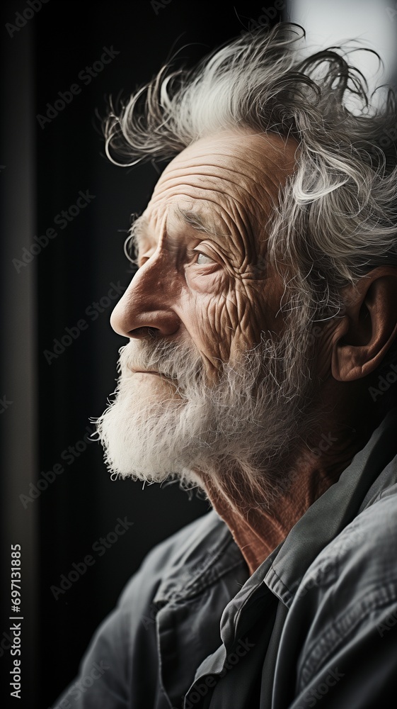 An elderly, contemplative, and melancholy guy stares out of his bedroom windows at a retirement community..