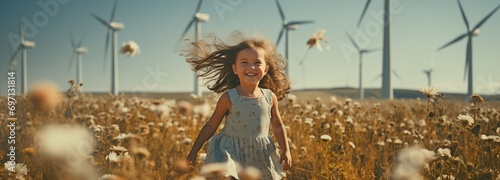 Adorable little kid running with pinwheels in front of windmills. Fun educational graphics about wind energy that show the production of clean electricity in a calm sky. photo