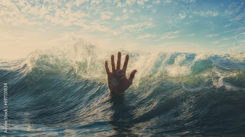 Hand reaching out from ocean waves.
