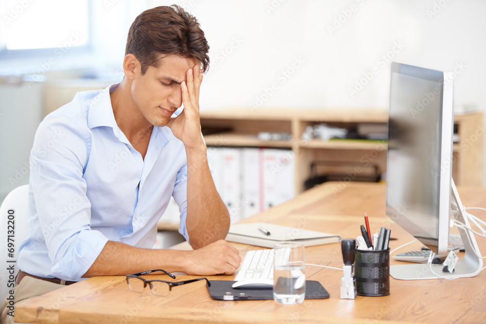 Businessman, headache and stress on computer in mistake, burnout or fatigue at the office. Frustrated man or employee with migraine in anxiety, mental health or work pressure by PC desk at workplace Businessman, headache and stress on computer in mistake, burnout or fatigue at the office. Frustrated man or employee with migraine in anxiety, mental health or work pressure by PC desk at workplace