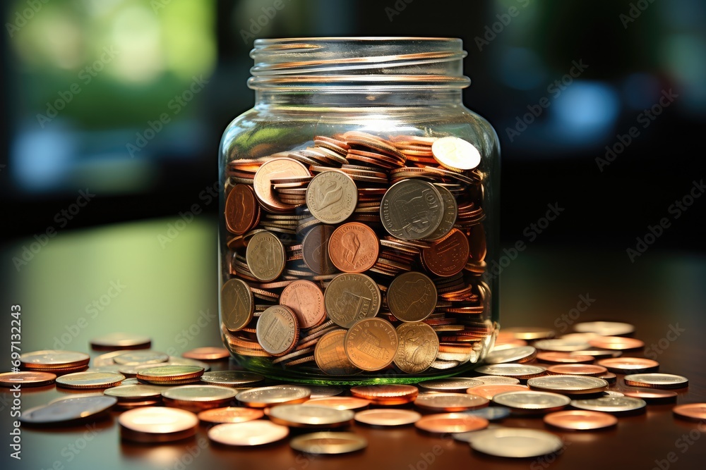 Putting a coin into bank with coins pile. Generative AI. Putting a coin into bank with coins pile. Generative AI.