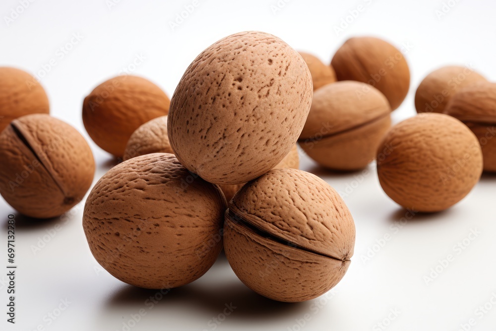 Nutmeg spice on white background. Generative AI. Nutmeg spice on white background. Generative AI.