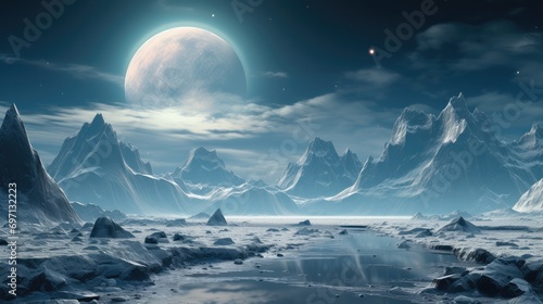 A frozen wasteland with moons and mountains. Generative AI.