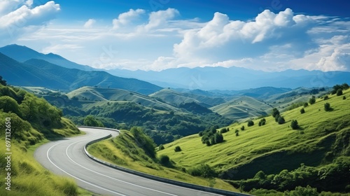 Beautiful curve asphalt road on the green mountain with more clouds on mountain and blue sky background. Generative AI.