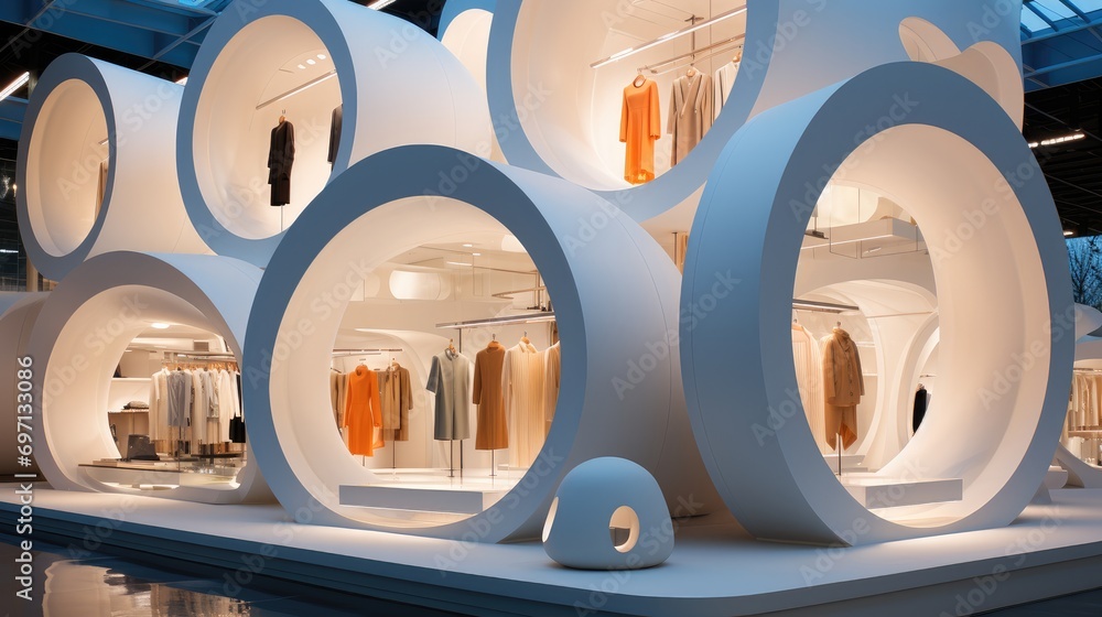 A box inspired structure clothing store in the corner of the circle with a center huge structure, Modern Styles. Generative AI. A box inspired structure clothing store in the corner of the circle with a center huge structure, Modern Styles. Generative AI.