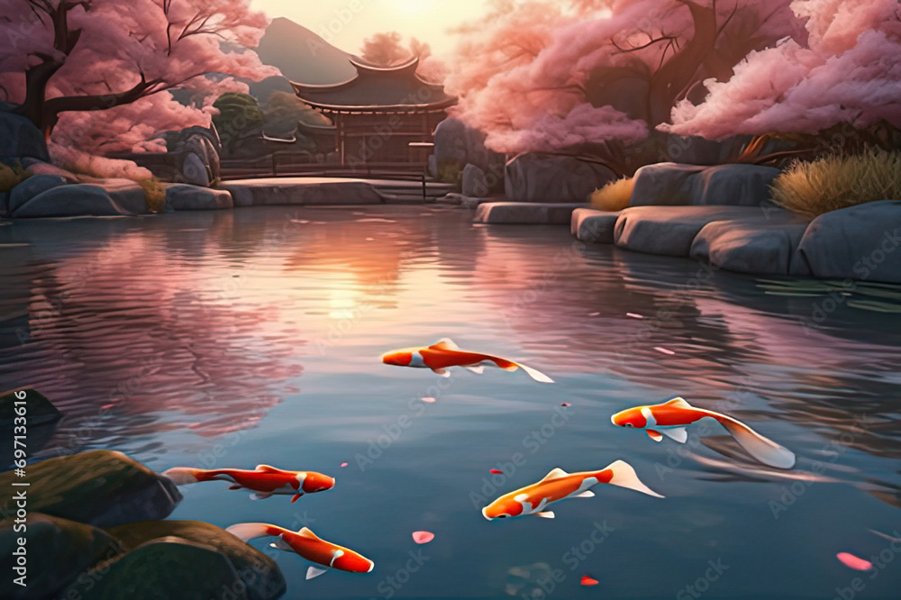 a many koi fish swimming in a pond in the sunset