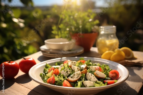 An outside dining table with a delicious salad. Generative AI.