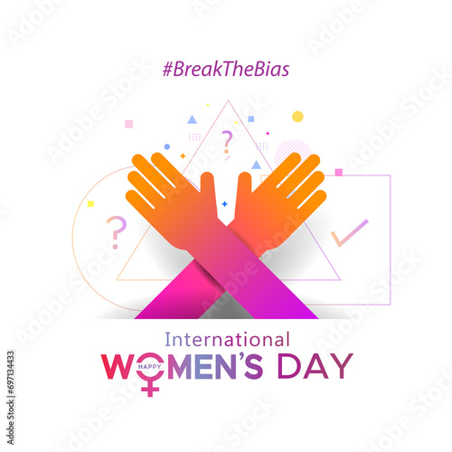 Happy International Women's day greeting card design. Theme of Break The Bias, Embrace Equity concept. Wishing Womens Day text with Women symbol and sign. photo