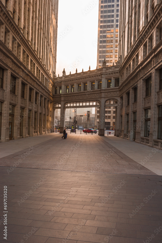 Chicago City, Illinois: April 6, 2020. Morning during the lockdown of the city during the stay at home mandate. Chicago City empty streets under the coronavirus. City under lockdown.