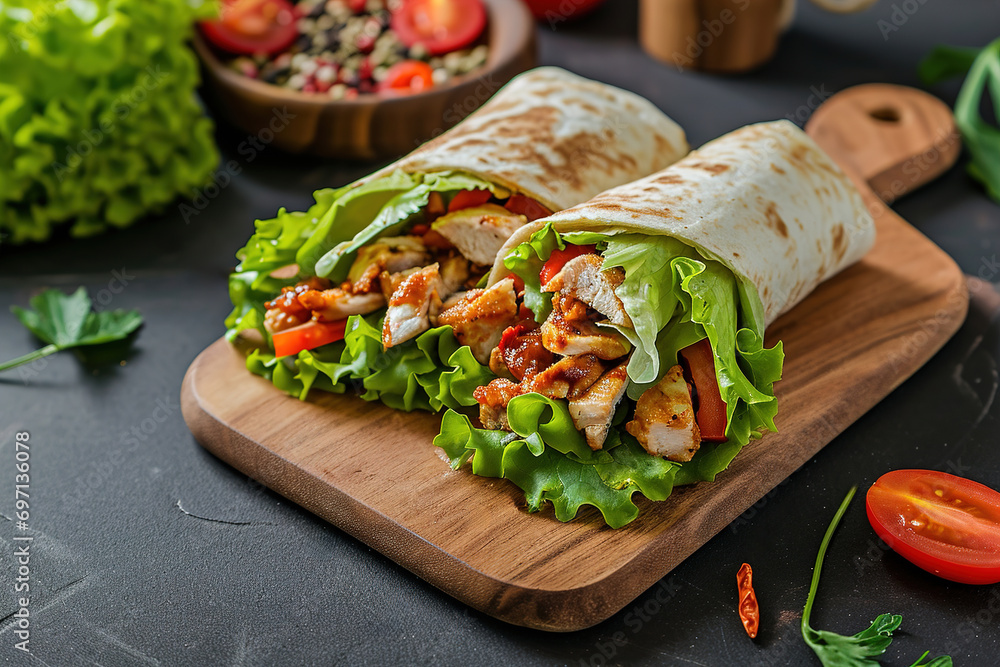 Mexican burrito with chicken, pepper and beans isolated on white background.