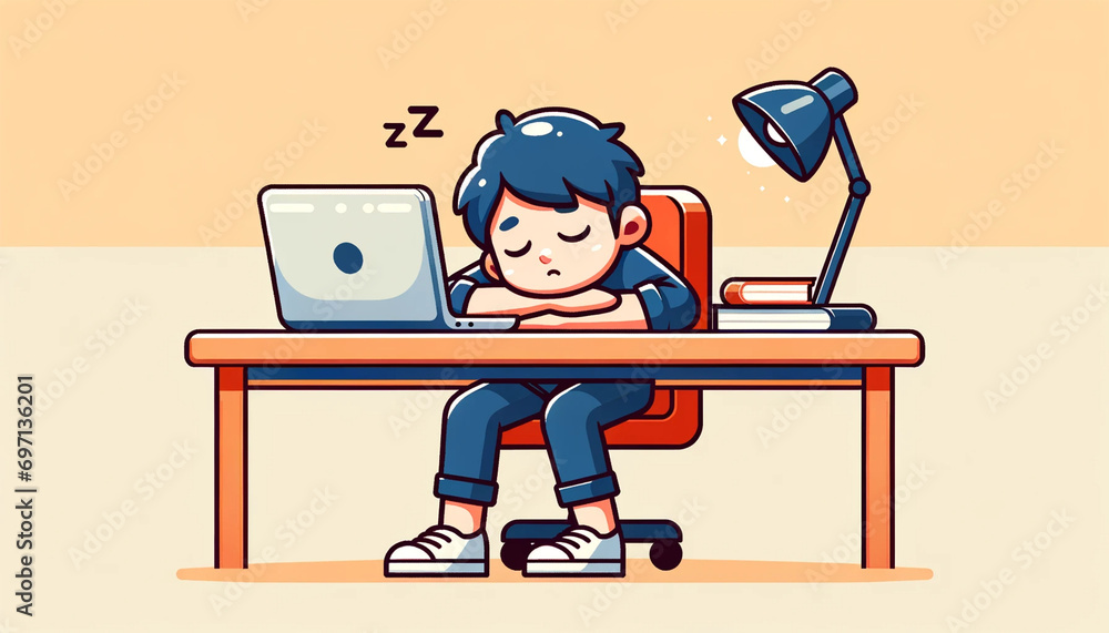 Flat design vector illustration of a boy sleeping on a big desk in front of his laptop.
