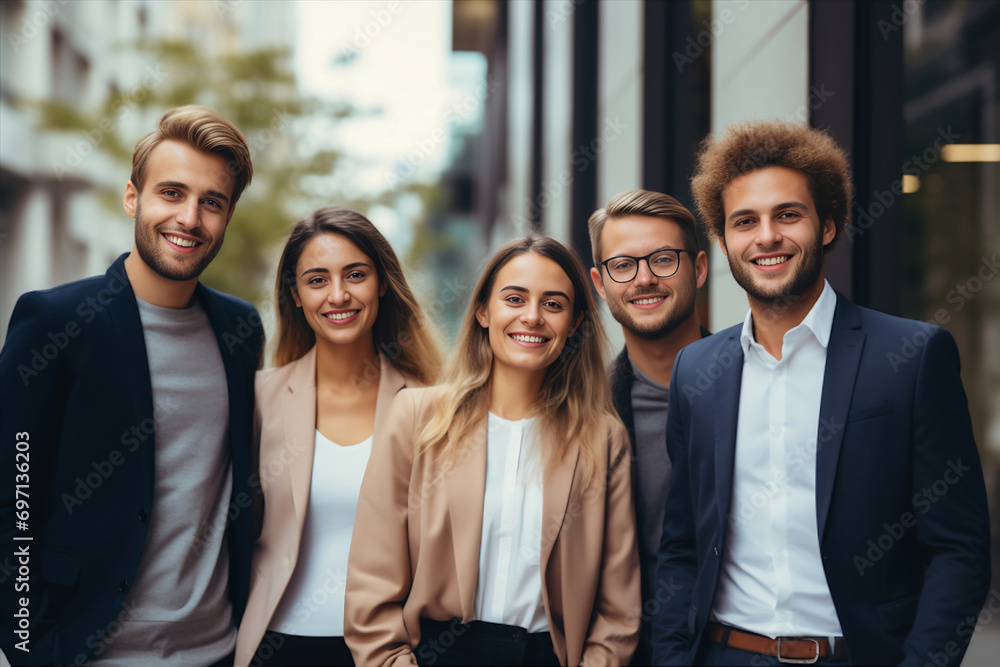Obraz premium professional consultant team showcases unity against the backdrop of corporate buildings, emphasizing their cohesive and collaborative strength. Generative AI.