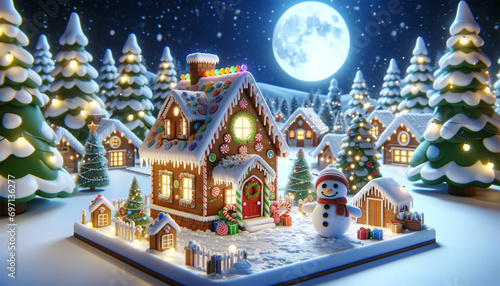  3D rendering of a gingerbread house on screen with a snowman in a village at Christmas night