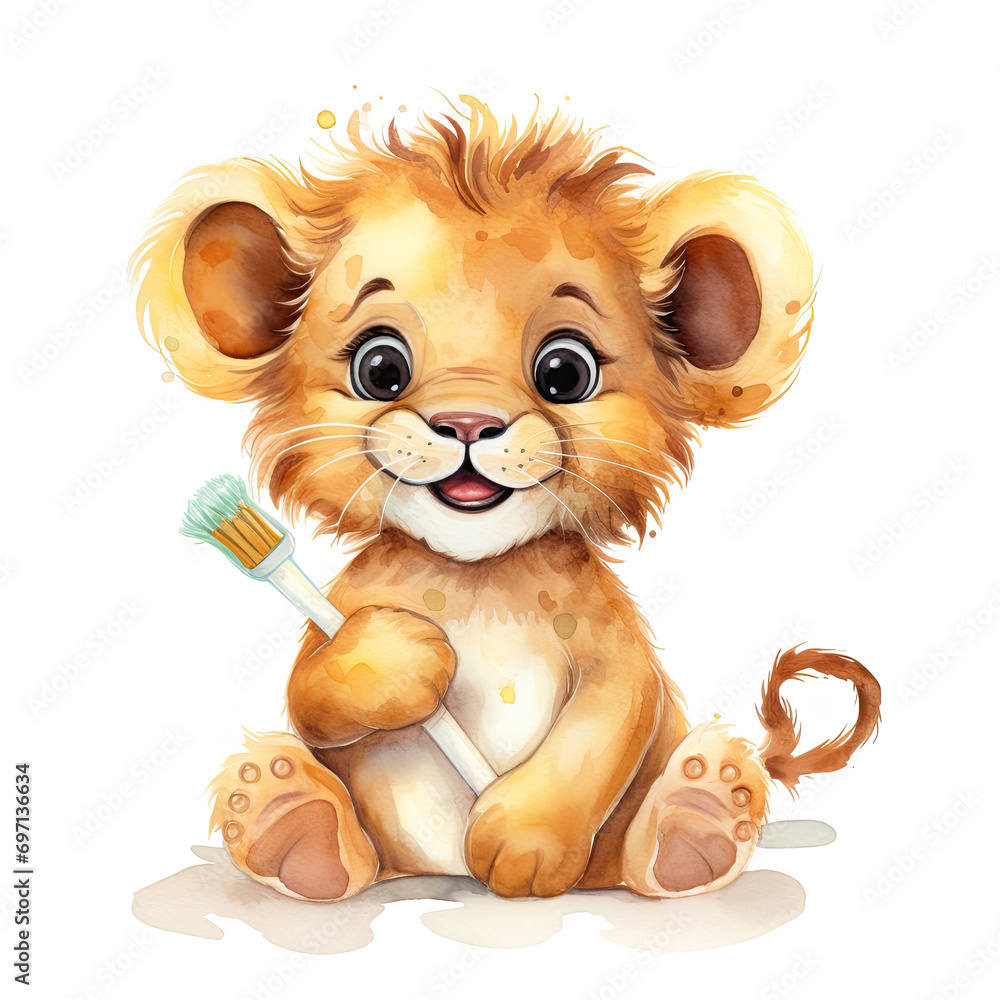 Baby lion bedtime wearing pajama and holding tooth brush Illustration, Generative Ai Baby lion bedtime wearing pajama and holding tooth brush Illustration, Generative Ai