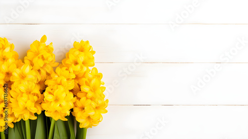 flower backdrop with hyacinth on wooden background, white and yellow hyacinths in ceremic vase on background photo