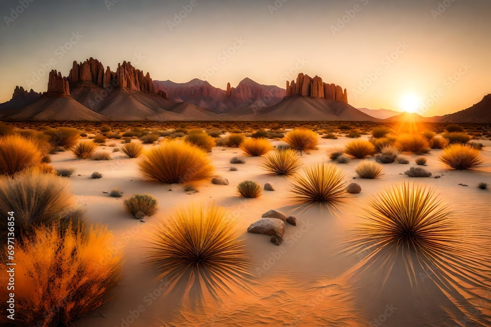 Beautiful Desert Landscape, Round Rocks, Yucca Trees, Shrubs, Golden Hour Photography, 8K Resolution, 