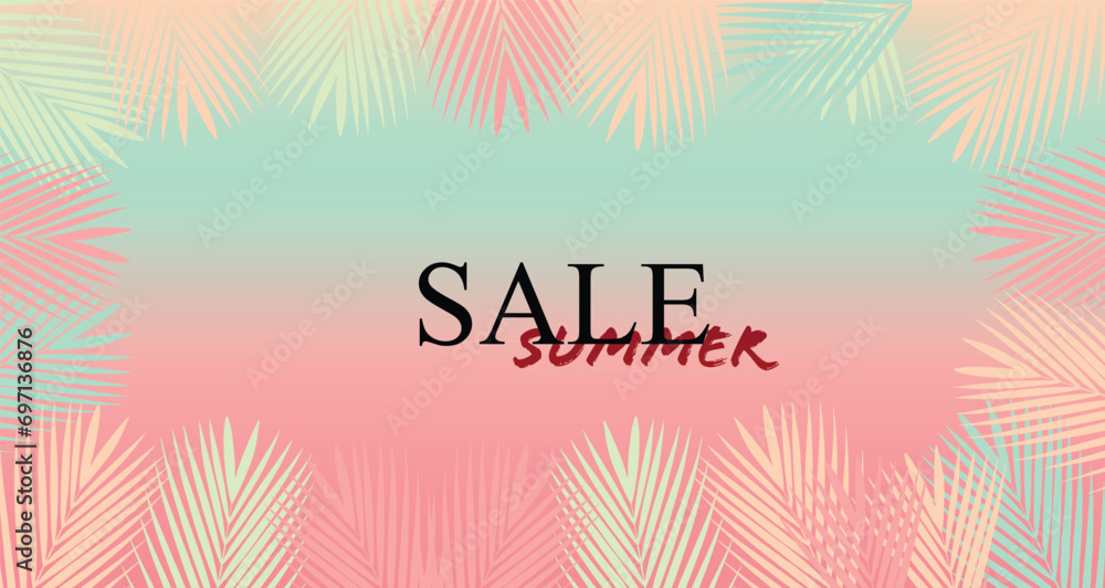 Summer Sale Tropical Paradise, beach, background with palm leaves. Gree summer tropical background with exotic palm leaves and hibiscus flowers. Vector floral background. Sale banner or flyer template - obrazy, fototapety, plakaty 