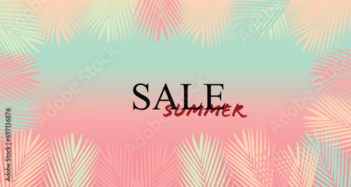 Summer Sale Tropical Paradise, beach, background with palm leaves. Gree summer tropical background with exotic palm leaves and hibiscus flowers. Vector floral background. Sale banner or flyer template photo
