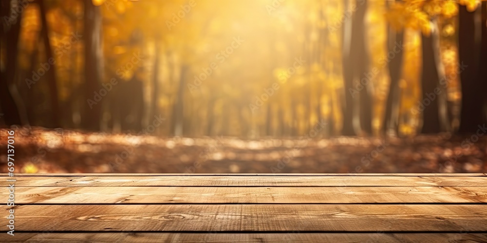 Autumnal tree. Enchanting scene essence of fall is captured through harmonious blend of nature elements. Wooden tabletop adorned with array of vibrant leaves in shades of orange yellow serves as stage
