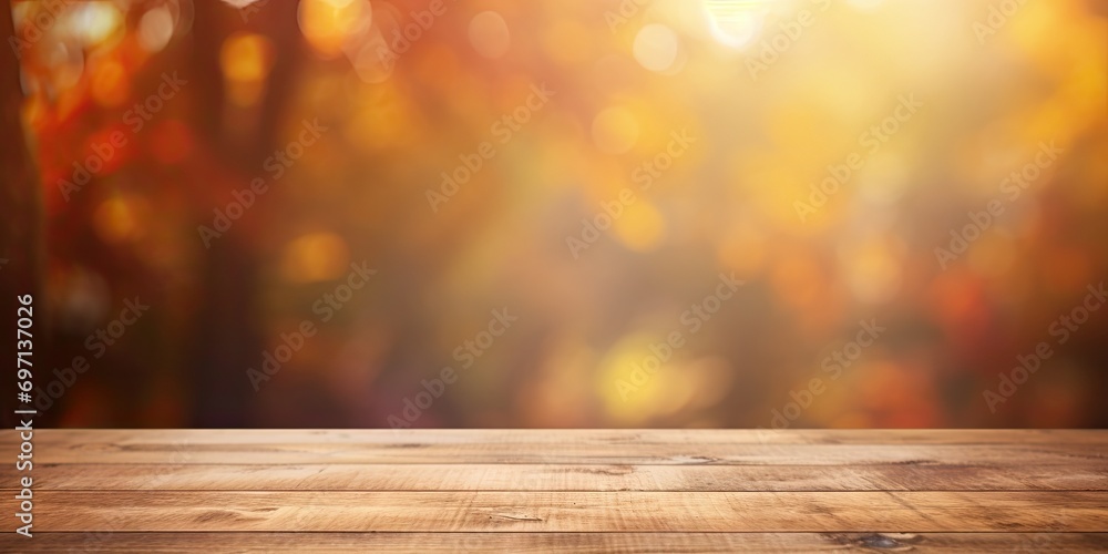 Autumnal tree. Enchanting scene essence of fall is captured through harmonious blend of nature elements. Wooden tabletop adorned with array of vibrant leaves in shades of orange yellow serves as stage Autumnal tree. Enchanting scene essence of fall is captured through harmonious blend of nature elements. Wooden tabletop adorned with array of vibrant leaves in shades of orange yellow serves as stage