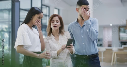 Coworkers, cellphone and shocked with social media, news and office gossip about management. Technology, surprised and wow for internet, people and notification on smartphone, omg and embarrassed photo