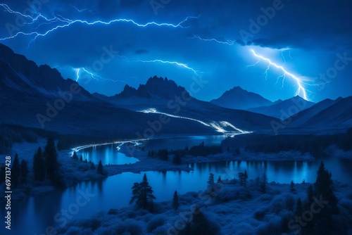 thunder storming and lightning in the dark and large mountain full mountain covered with deep and dark clouds covered by the dark black clouds with small city in the mountain with blue lightning 