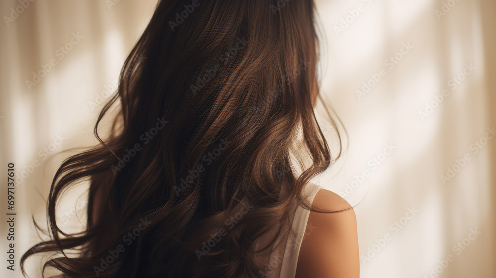 Close-up of beautiful brunette woman with long brown hair on light background Close-up of beautiful brunette woman with long brown hair on light background
