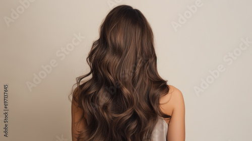Back of attractive young brunette model with long brown hair on light background photo