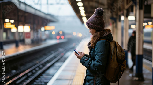 Young woman standing on the platform of a train station consulting the mobile phone