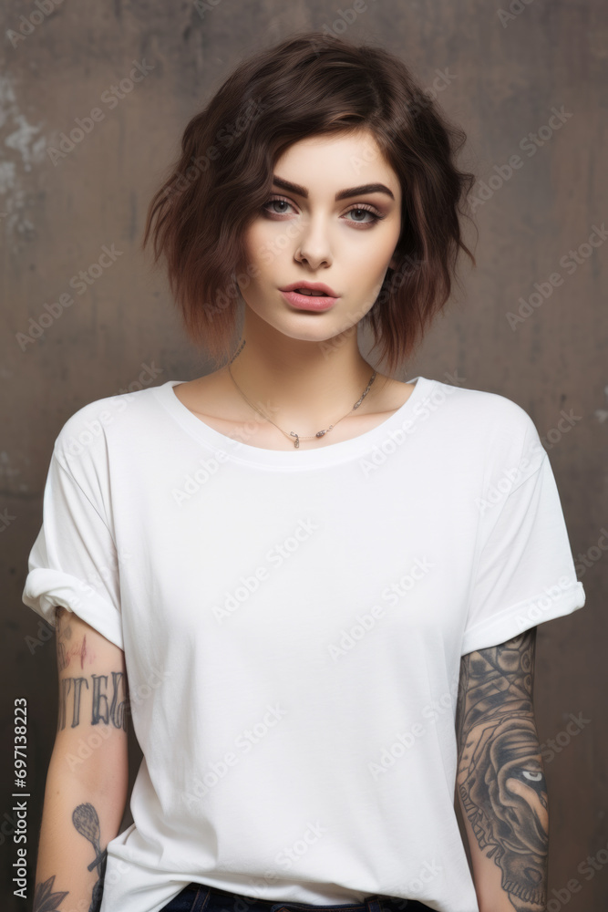 Oversize white style t-shirt mockup photo with tattooed girl top model Oversize white style t-shirt mockup photo with tattooed girl top model