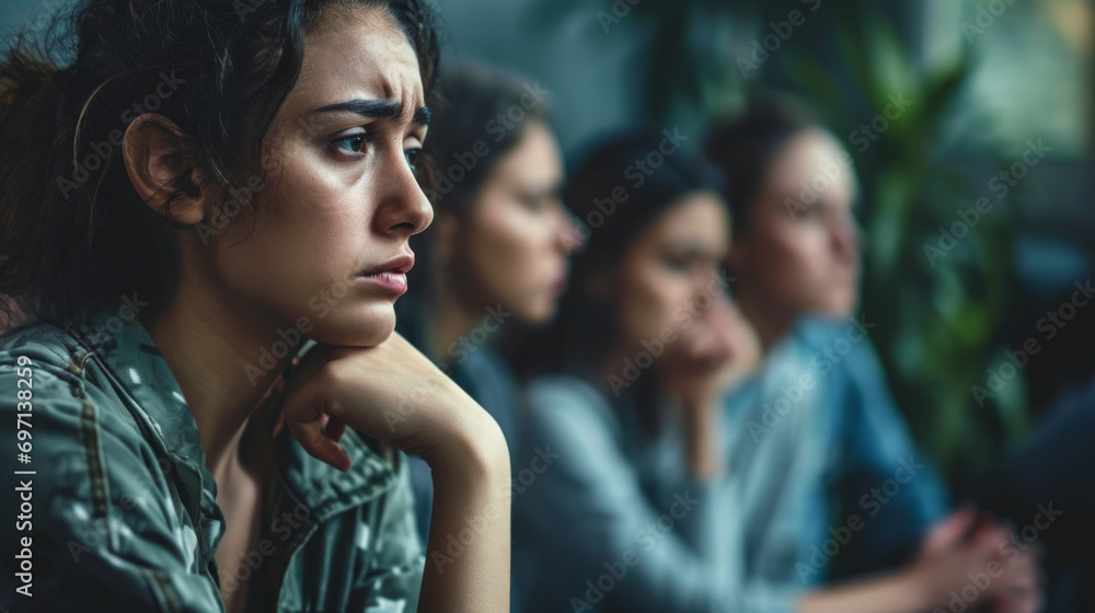 Obraz premium Portrait of a sad depressed woman at support group meeting for mental health and addiction issues in anonymous community space
