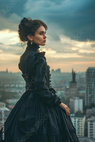 Woman in classic costume, full body view, not ironed wrinkled fabric with creases, fashion poses,