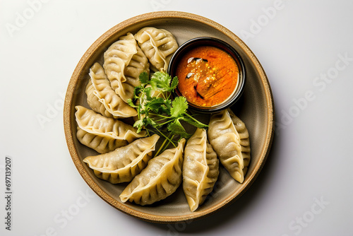 Veg steam momo. Nepalese Traditional dish Momo stuffed with vegetables and the cooked and served with sauce over a rustic wooden background, selective focus, Image for the restaurant menu?