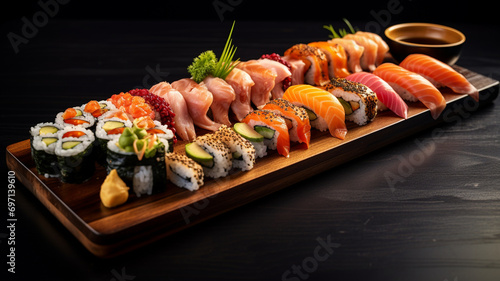 A platter of sushi, arranged artfully on a black slate serving tray, with wooden chopsticks and a small dish of soy sauce
