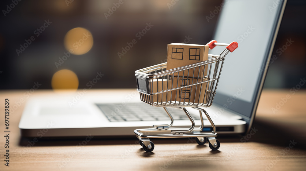 shopping cart with laptop. e-commerce concept