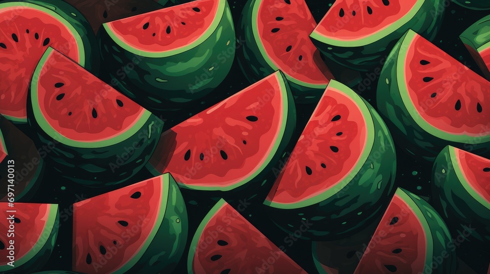 A background of ripe, juicy red watermelons. View from above. Triangles of watermelons. Summer texture. Holidays and vacations. A background of ripe, juicy red watermelons. View from above. Triangles of watermelons. Summer texture. Holidays and vacations.
