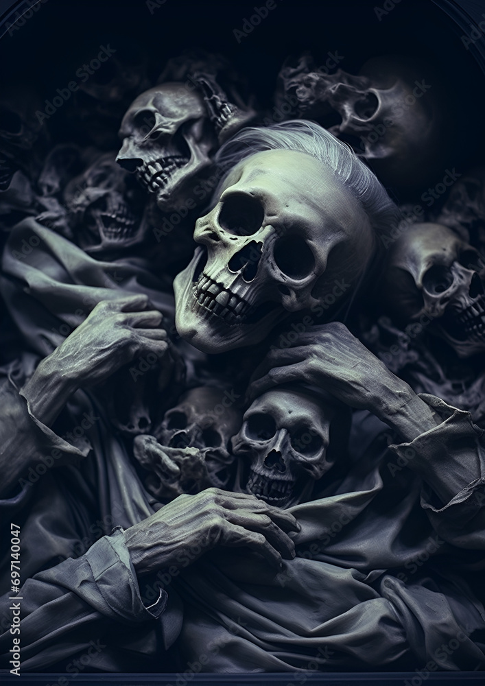 A collection of skulls arranged beside or atop one another in a dark and eerie grim setting A collection of skulls arranged beside or atop one another in a dark and eerie grim setting