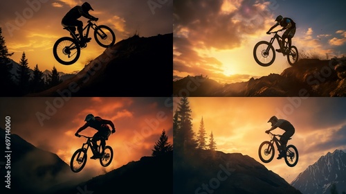 A mountain biker catching air off a jump, bike and rider silhouetted against the sky
