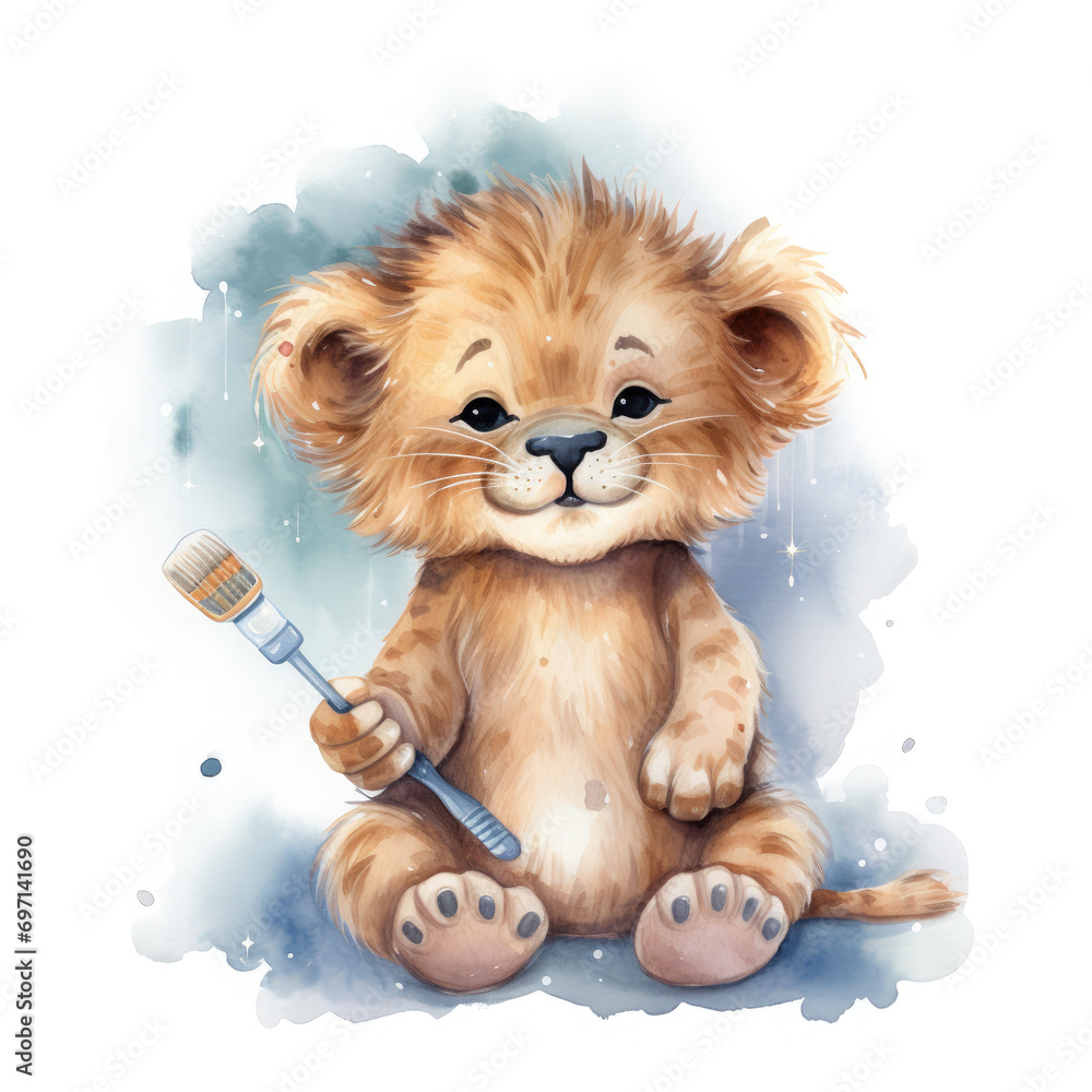 Baby lion bedtime wearing pajama and holding tooth brush Illustration, Generative Ai Baby lion bedtime wearing pajama and holding tooth brush Illustration, Generative Ai
