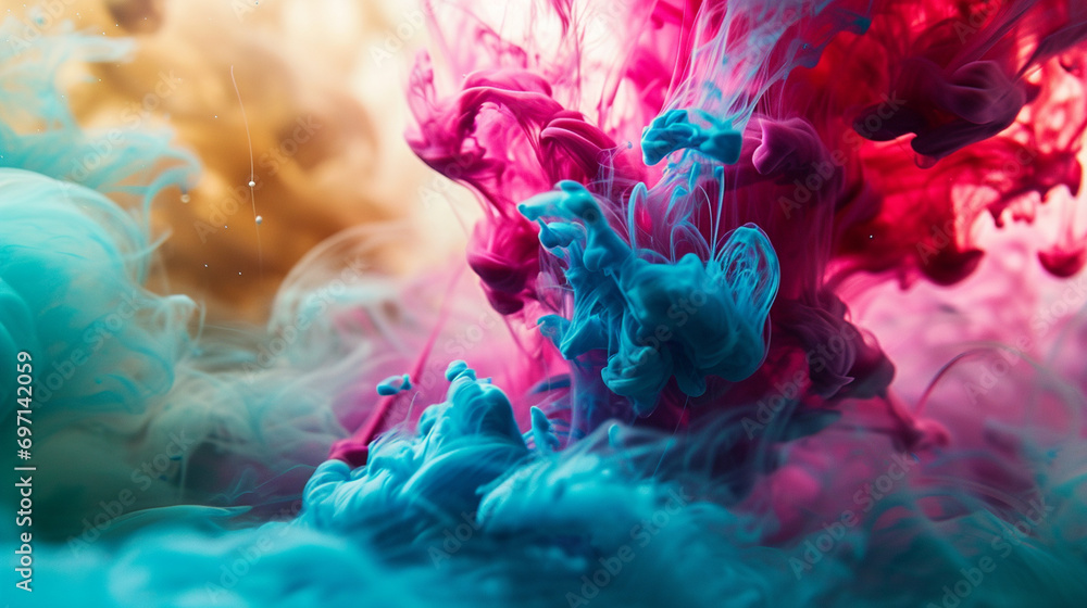 Background with ink blot and watercolor pour creating a flowing color blot in water, offering an artistic and fluid visual effect.