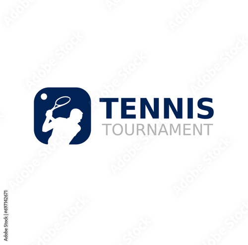 Tennis ball with a player and tennis racket, logo template. Active sport and tennis tournament, championship